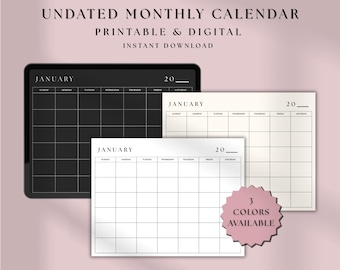 May include: An undated monthly calendar in black, cream, and white. The calendar is printable and digital, with the word "January" at the top of each page. The image also includes the text "3 Colors Available" and "Instant Download."