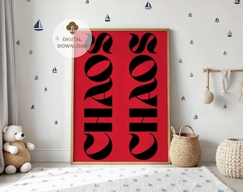 Chaos Print Red and Black Typography Wall Art Printable Retro Poster Trendy Living Room Wall Art Quote Print Home Decor Digital Download