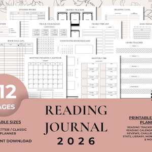 Puede incluir: Un diario de lectura imprimible con 112 páginas, disponible en tamaños A4, A5, US Letter y Classic Happy Planner. Incluye rastreadores de lectura, calendarios, reseñas de libros y más. Con un diseño floral y un marcador gratuito.