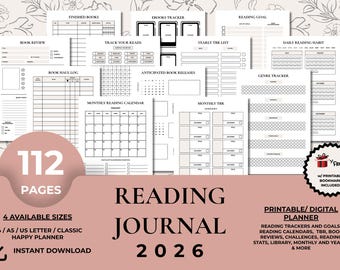 May include: A digital reading journal with 112 pages, available in A4, A5, US Letter, and Classic Happy Planner sizes. Includes reading trackers, calendars, book reviews, and more. Features a floral design and a free printable bookmark.