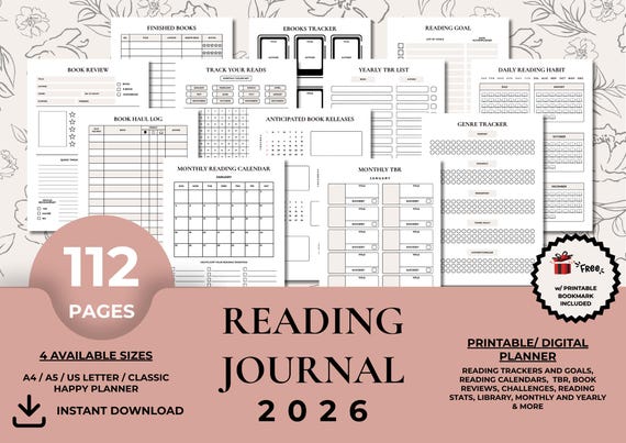 2026 Reading Journal Printable, Book Journal, Book Tracker, Reading Planner, Reading Log, Book Reviews, Challenges, Editable Canva Template