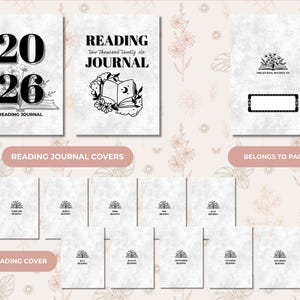 May include: A collection of reading journal covers and monthly covers. The covers feature the text "2026 READING JOURNAL" and "READING JOURNAL Two Thousand Twenty Six". The monthly covers are labeled with the months of the year.
