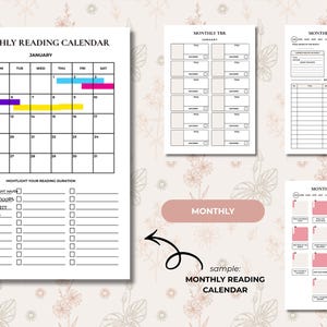 May include: A set of printable monthly reading calendar pages. The main calendar is for January, with color-coded reading durations. Additional pages include a TBR list, wrap-up, and recap. The text "Monthly Reading Calendar" is visible.