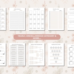 May include: A collection of printable planner pages with various layouts for yearly, miscellaneous, and more categories. Includes pages for book tracking, reading goals, and favorite quotes. The pages are in black and white.