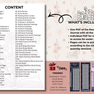 May include: A digital reading journal with a content list, including trackers, challenges, and notes. The image also shows free printable bookmarks, each 2x6 inches, with various designs. The journal includes all pages in one PDF.