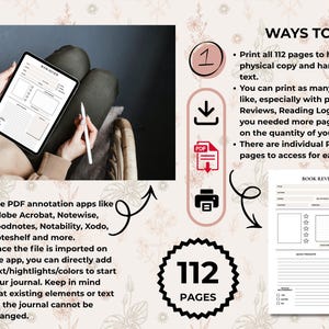 May include: A digital book review journal displayed on a tablet, with a stylus. The image includes instructions on how to use the journal, including printing the 112 pages or using PDF annotation apps. The journal pages are shown.