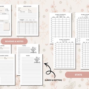 May include: A collection of printable book review and reading journal pages. The pages include sections for book reviews, series reviews, reading notes, and yearly statistics. The pages are white with black text and floral accents. The text "REVIEWS & NOTES" and "STATS" are visible.
