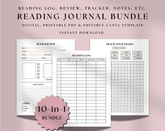 May include: A digital reading journal bundle with a book review, reading log, and reading tracker. The bundle includes a 10-in-1 design, with the text "READING JOURNAL BUNDLE" and "INSTANT DOWNLOAD" visible. The Etsy shop name "fromyelcreatives.etsy.com" is also displayed.