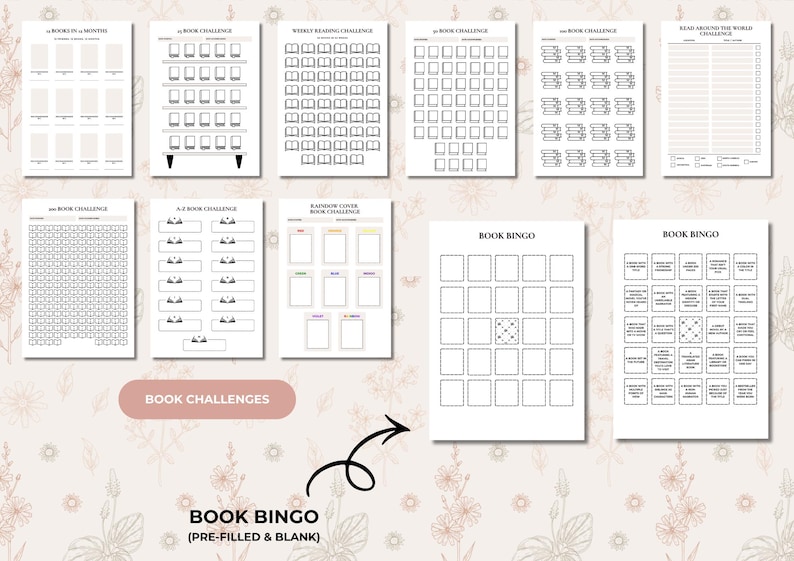 May include: A collection of printable book challenge templates, including a 12-month reading list, weekly reading goals, and book bingo cards. The designs are in black and white with a floral background. The text includes "Book Challenges" and "Book Bingo".