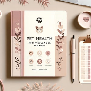 Könnte beinhalten: Ein rosa-weißer digitaler Planer mit dem Text "Pet Health and Wellness Planner" und einem Pfotenabdruck-Symbol. Der Planer ist von floralen Illustrationen und dem Text "Digital Product" umgeben.