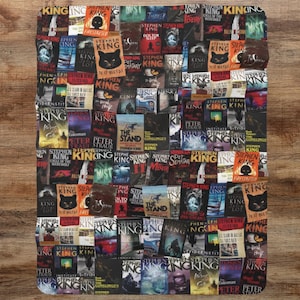 May include: A colorful collage of book covers featuring the author Stephen King. The covers feature various titles, including "The Stand", "It", "Misery", "The Shining", and "Salem's Lot".