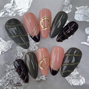 Handmade Dark Brown, Army green, natural colored Press-on nails. Olive colored Almond, stilletto, square, oval, Coffin Nails