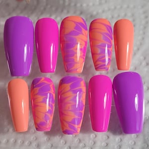 Handmade Neon purple, pink and coral Press-on nails. Almond, stilletto, square, oval, Coffin Nails.