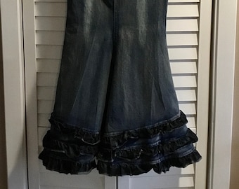 Long Denim Maxi Skirt, Floor Length Denim Maxi Skirt with Ruffles, Women’s Floor Length Jean Boho Skirt, Ladies Boho Hippie Jean Maxi Skirt