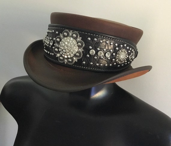 Marlow Leather Top Hat, Rhinestone Leather Top Ha… - image 3