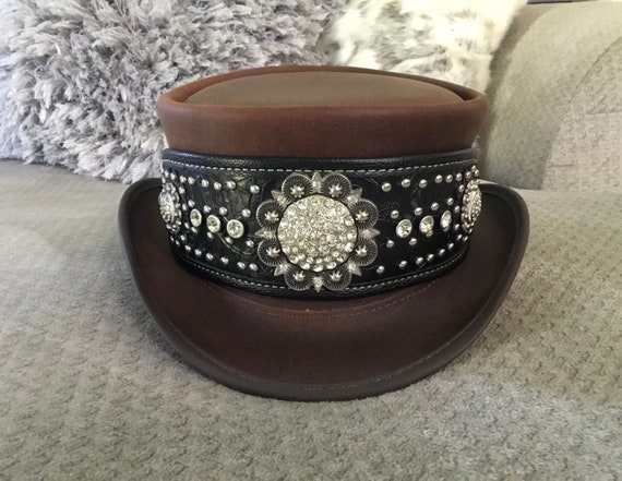 Marlow Leather Top Hat, Rhinestone Leather Top Ha… - image 1