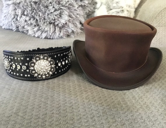 Marlow Leather Top Hat, Rhinestone Leather Top Ha… - image 6
