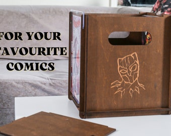Boîte de rangement pour bandes dessinées, présentoir/stockage de bandes dessinées dans une boîte de rangement en bois durable et écologique avec couvercle, personnalisation gratuite