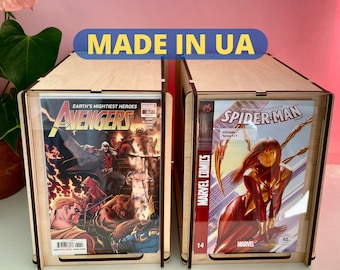 Caja de madera sostenible para guardar cómics con tapa de exhibición