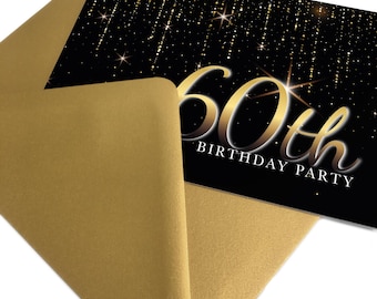60th Birthday Party Invitations – Gold Envelopes, Blank A6 Invites