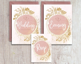 Blank Wedding Invitations with envelopes, Rose Gold Wedding & Evening Invitations, RSVP cards - Rose Gold Envelopes - Packs of 10