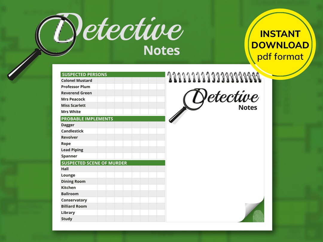 Clue Replacement Cards Sheets Cluedo Detective Notes Printable Download ...