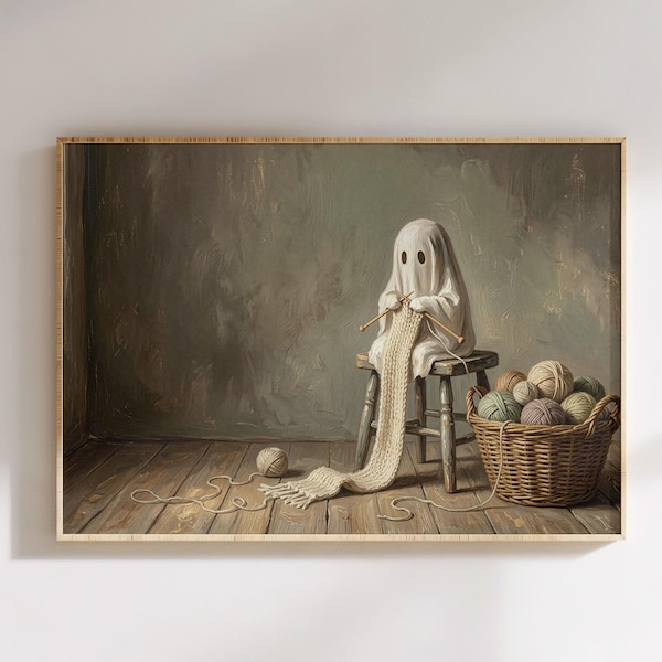 Ghost Knitting Print | Cozy Knitting Room Decor | Whimsical Digital Download