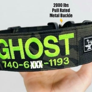 Tactical 2” wide Epic Series Dog Collar with Personalized Embroidered Name and Phone Number Metal Cobra Buckle (rated at 2000 lbs of pull)