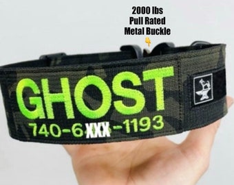 Tactical 2” wide Epic Series Dog Collar with Personalized Embroidered Name and Phone Number Metal Cobra Buckle (rated at 2000 lbs of pull)