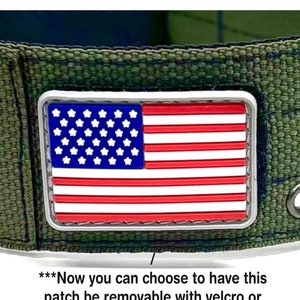 May include: A green fabric dog collar with a velcro patch featuring the American flag. The text "***Now you can choose to have this patch be removable with velcro or permanently hand sewn to your collar!" is below the image.