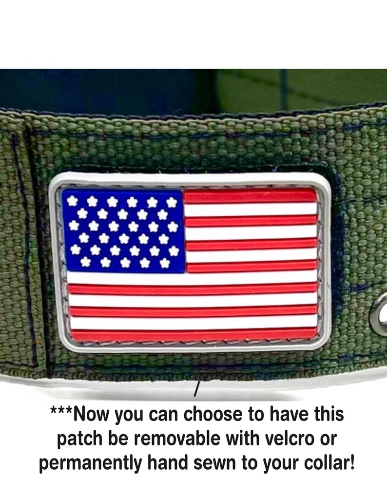 May include: A green fabric dog collar with a velcro patch featuring the American flag. The text "***Now you can choose to have this patch be removable with velcro or permanently hand sewn to your collar!" is below the image.