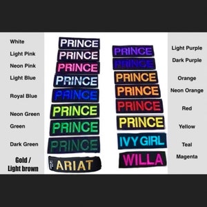 May include: A set of 14 iron-on patches in various colors, including white, light pink, neon pink, light blue, royal blue, neon green, green, dark green, gold, light purple, dark purple, orange, neon orange, red, yellow, teal, and magenta. The patches feature the words "PRINCE", "IVY GIRL", "WILLA", and "ARIAT".