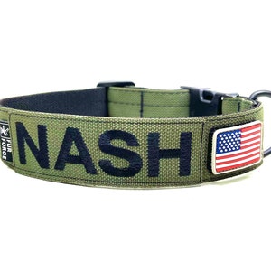 May include: Green dog collar with black webbing and a black name tag that reads "NASH". The collar also has a small American flag patch.