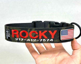 Tactical 1-1/2” Personalized Dog Collar with Embroidered Name plus PERMANENTLY SEWN PVC Flag Patch and Beauty Mark Grommet. Made in  U.S.A.