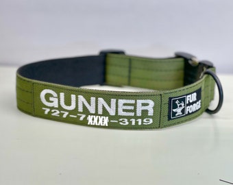 Tactical 1-1/2” Dog Collar with Personalized Embroidered Name (and) Phone Number made in the U.S.A. with U.S. sourced materials