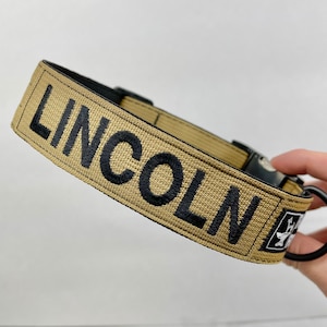 May include: Tan dog collar with the name "LINCOLN" embroidered in black. The collar has a black buckle and a black metal ring for leash attachment. A small patch with a white graphic is also visible.