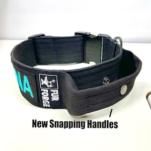 Tactical 2”wide Dog Collar with Personalized Embroidered Name and All Metal Buckle (500lbs pull) U.S. Made. Also collapsible Handle Option