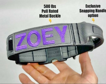 Tactical 1-1/2” wide Dog Collar with Handle + Personalized Embroidered Name and All Metal Buckle (500lbs pull rating) U.S.A Made