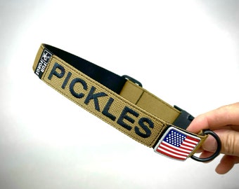 Tactical 1” wide Personalized Dog Collar with Embroidered Name + double thick webbing + pvc Flag Patch + Beauty Mark Grommet. Made in U.S.
