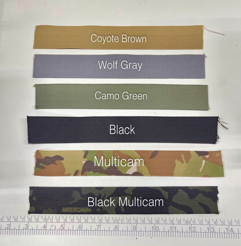May include: Six different colors of webbing straps, including coyote brown, wolf gray, camo green, black, multicam, and black multicam.