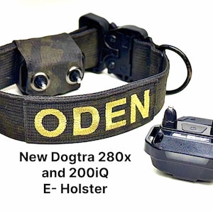 May include: A camouflage patterned dog collar with the name ODEN embroidered in gold thread, featuring a black buckle and metal contact points. Beside it sits a black electronic receiver unit with two metal contact probes. Text reads New Dogtra 280x and 200iQ E- Holster.