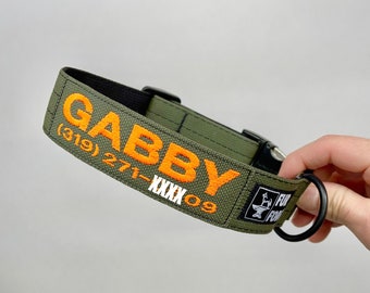 Tactical 1.5” Dog Collar with Personalized Embroidered Name + Phone #.  All Metal Buckle (500lbs pull rating) All U.S. Sourced Materials.