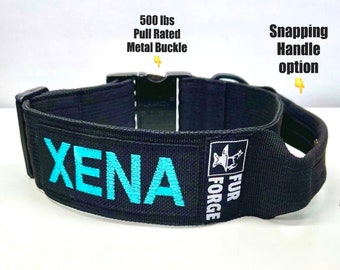 Tactical 2” wide Dog Collar with Handle + Personalized Embroidered Name and All Metal Buckle (500lbs pull rating) U.S.A. Made