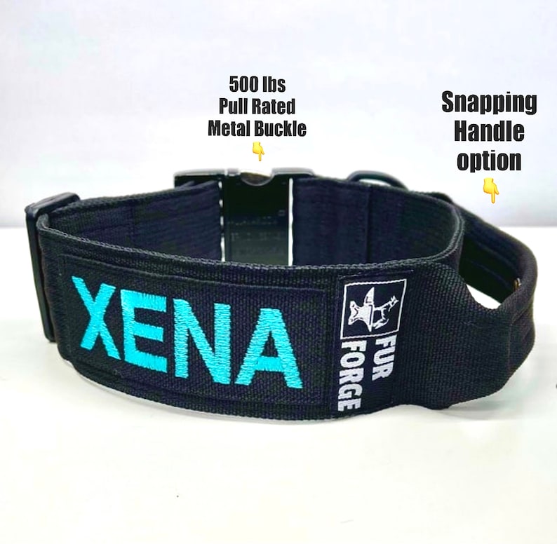May include: Black dog collar with a blue embroidered name "XENA" and a white logo that says "FUR FORGE". The collar has a metal buckle and a snapping handle option. The collar is rated for 500 lbs of pull.