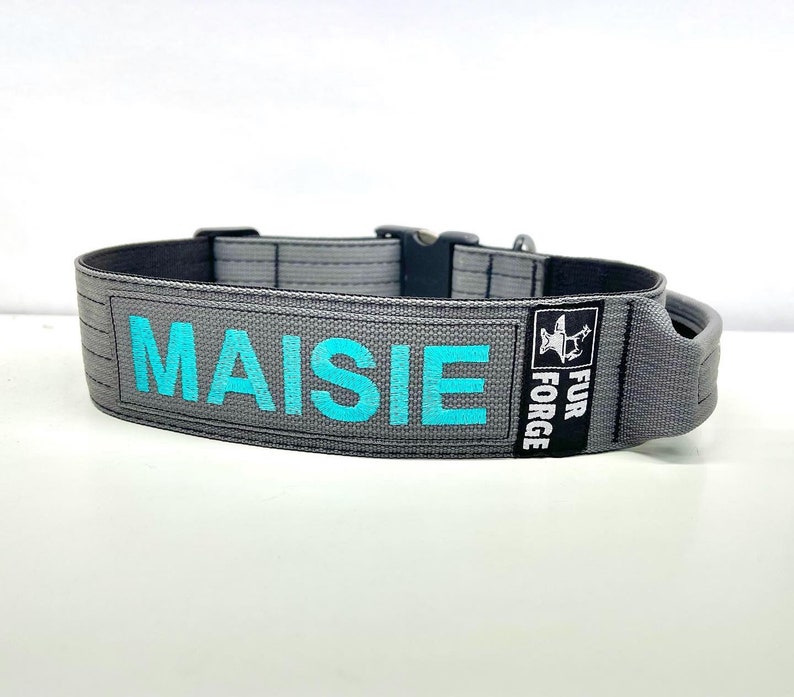 May include: A gray dog collar with a black buckle and a turquoise name tag that reads "MAISIE". The collar also has a black patch with a white logo that reads "FUR FORGE".