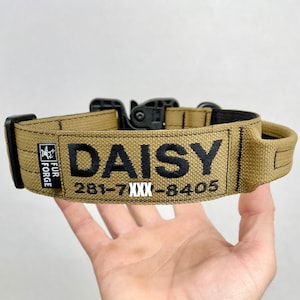 1.5” Wide Tactical Dog Collar with Handle and Personalized Embroidered Name and Phone Number. Gt Cobra Buckle (500 lbs rated)