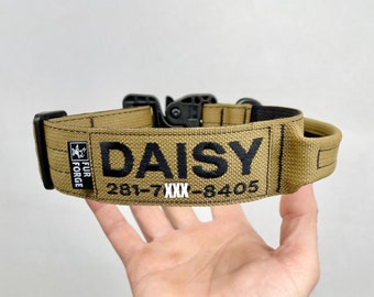 1.5” Wide Tactical Dog Collar with Handle and Personalized Embroidered Name and Phone Number. Gt Cobra Buckle (500 lbs rated)