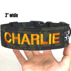 Tactical 2” wide Personalized Dog Collar with Embroidered Name and double thick webbing. Handmade in the U.S.A.