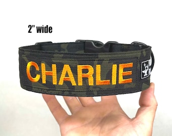 Tactical 2” wide Personalized Dog Collar with Embroidered Name and double thick webbing. Handmade in the U.S.A.