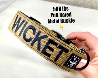 Tactical 1-1/2” Dog Collar with Personalized Embroidered Name and all Metal Buckle (500lbs pull rating) + Made in the U.S.A.